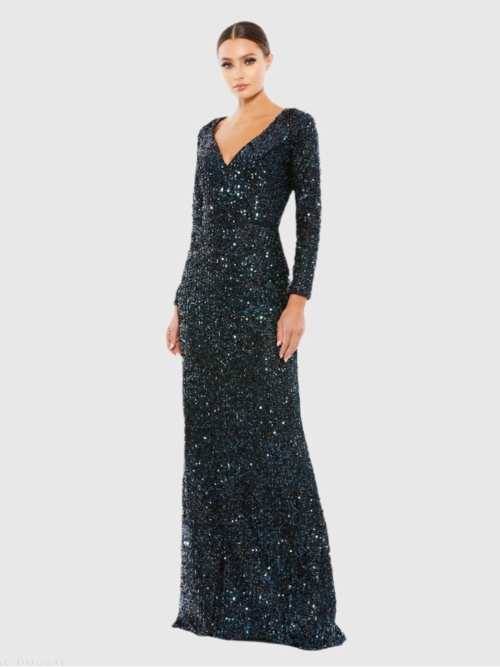 Ieena Mac Duggal Sequined V-Neck Long Sleeve Gown Maxi Dress Blue Black 12